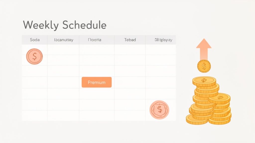 Un tableau de 'Weekly Schedule' affichant des pièces et un bouton 'Premium', avec une pile de pièces d'or croissant.