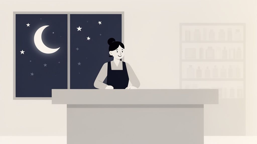 Image d'une femme souriante en tablier derrière un comptoir, avec un ciel étoilé nocturne.