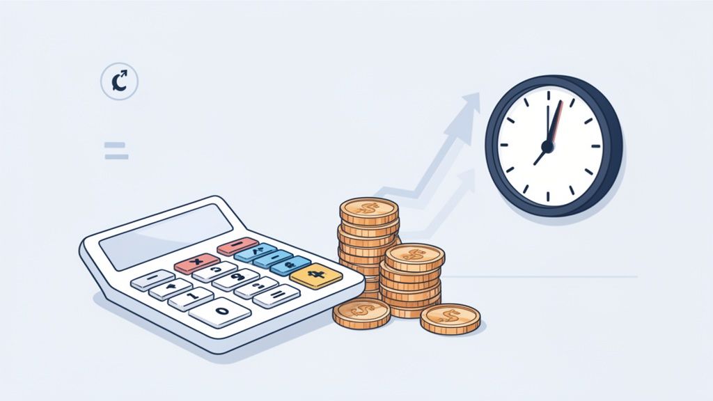Illustration d'une calculatrice, de piles de pièces de monnaie, d'un graphique de croissance et d'une horloge, représentant la gestion financière.