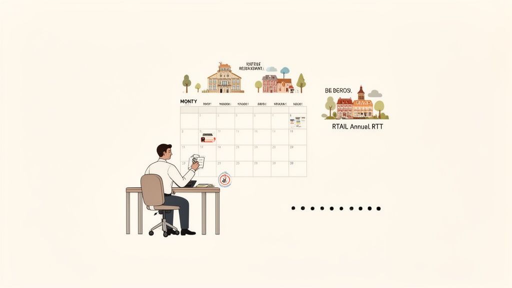 Un homme est assis à un bureau, examinant des documents à côté d'un calendrier affichant des événements et des illustrations de bâtiments.