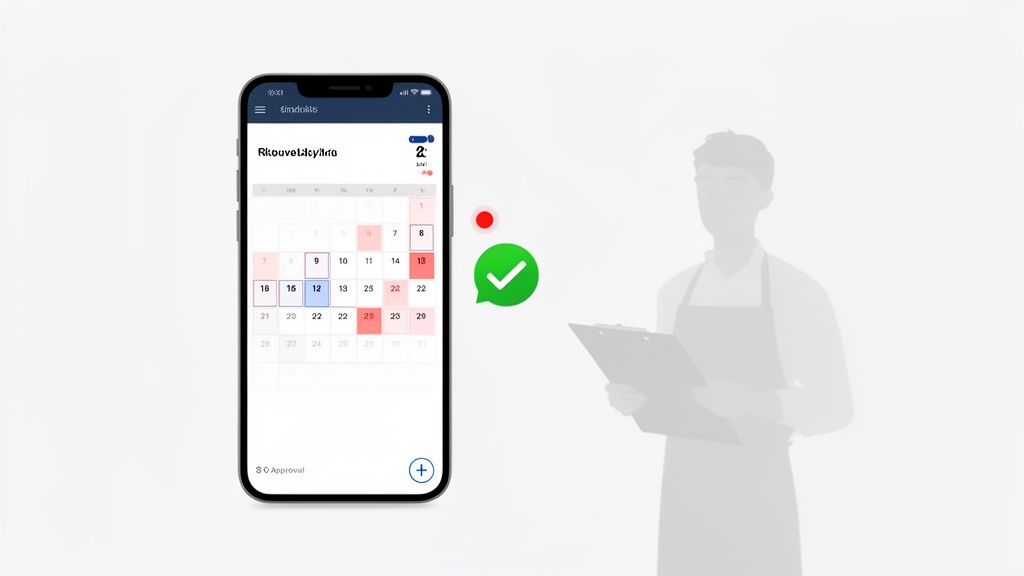 Un téléphone affiche un calendrier avec des dates colorées, un signe de validation vert et la silhouette d'une personne tenant un presse-papiers.