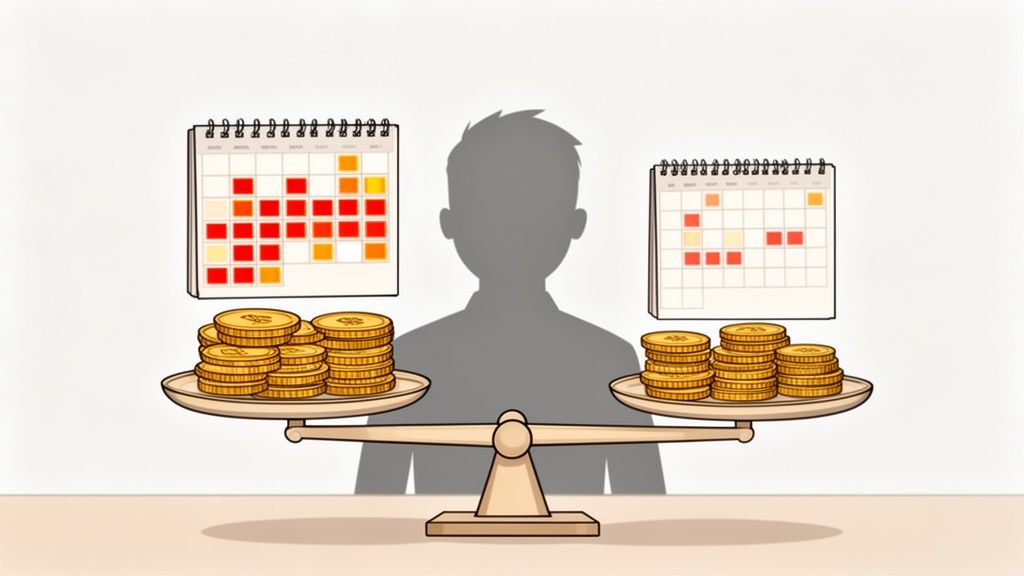 Une balance illustre le compromis entre plus de jours de travail sur un calendrier et plus d'argent, ou moins des deux.