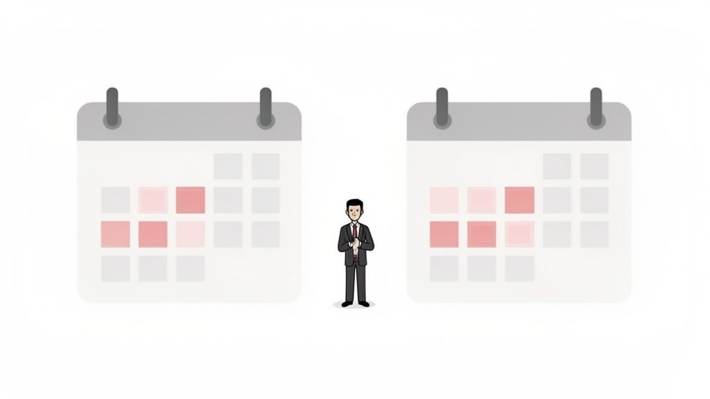 Un homme regarde deux calendriers avec des jours surlignés en rose, illustrant la distinction entre différents types de jours.
