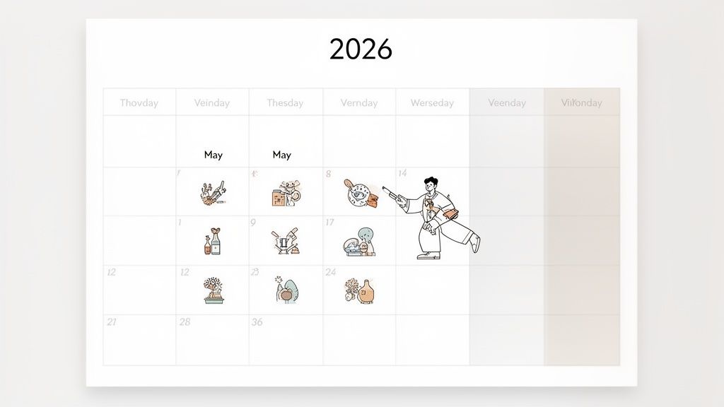 Calendrier de 2026 montrant le mois de mai avec des illustrations thématiques sur différentes dates.
