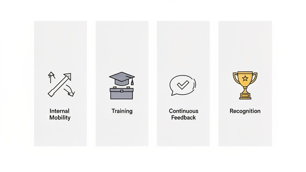 Quatre piliers de la gestion de carrière illustrés par des icônes: mobilité interne, formation, rétroaction continue et reconnaissance.