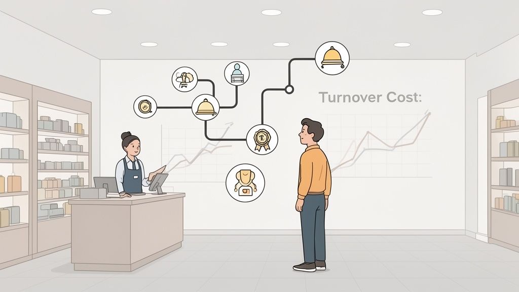 Illustration d'un magasin avec une caissière et un client, montrant un diagramme des coûts de rotation du personnel.