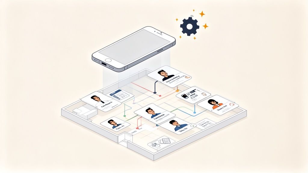 Un smartphone au-dessus d'un plan d'étage avec des cartes de personnes et d'informations connectées, symbolisant la gestion de carrière et l'organisation.