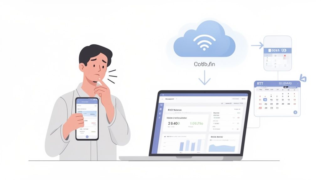 Homme perplexe utilisant un smartphone et un ordinateur portable, avec des icônes de cloud et de calendrier, illustrant la gestion du temps de travail.