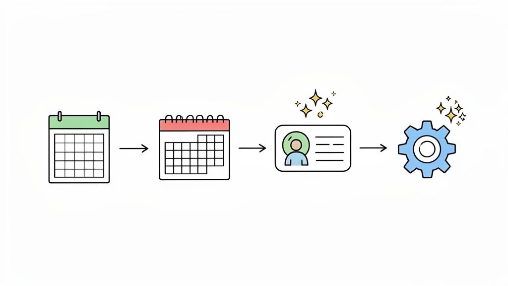 Illustration d'un processus de recrutement en 4 étapes: planification, détails, identification et traitement des informations.