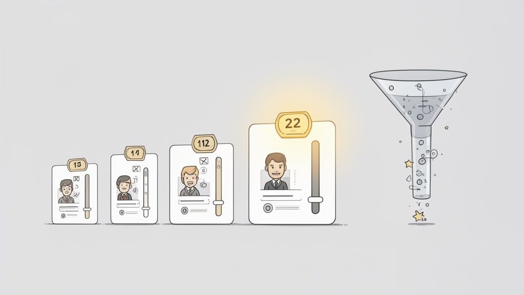 Illustration montrant quatre profils avec des nombres et des filtres, aboutissant à un entonnoir de recrutement.