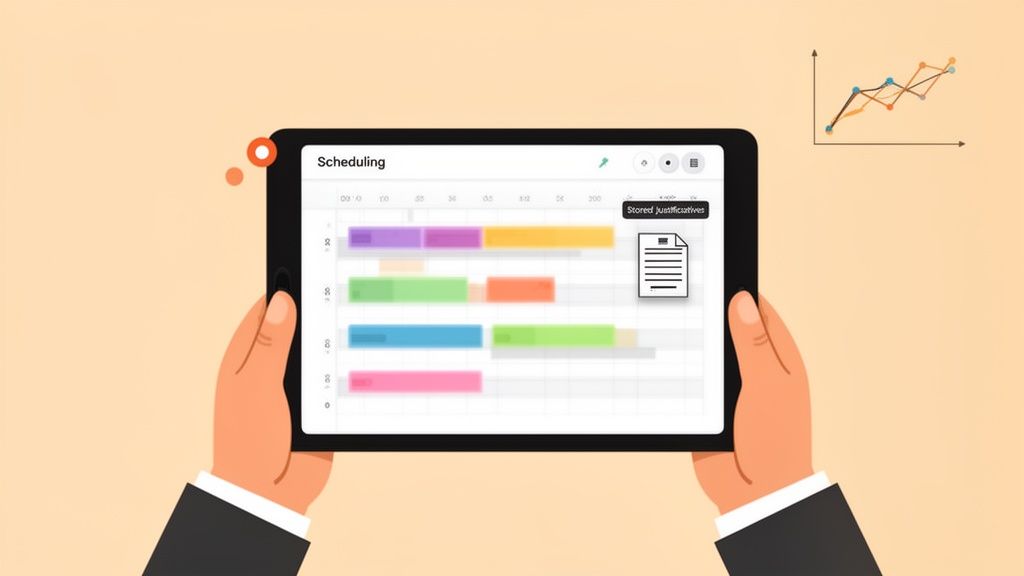 Mains tenant une tablette affichant une application de planification avec des barres colorées et des justificatifs stockés. Un graphique est en arrière-plan.