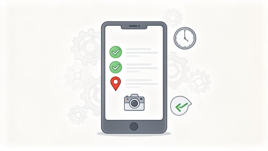 Un smartphone affiche une liste de tâches, une localisation et un appareil photo, avec des engrenages, une horloge et une coche en arrière-plan.