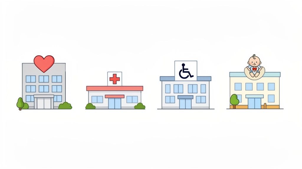Quatre bâtiments d'hôpital de style dessin animé, chacun avec un symbole différent : cœur, croix, fauteuil roulant et bébé.