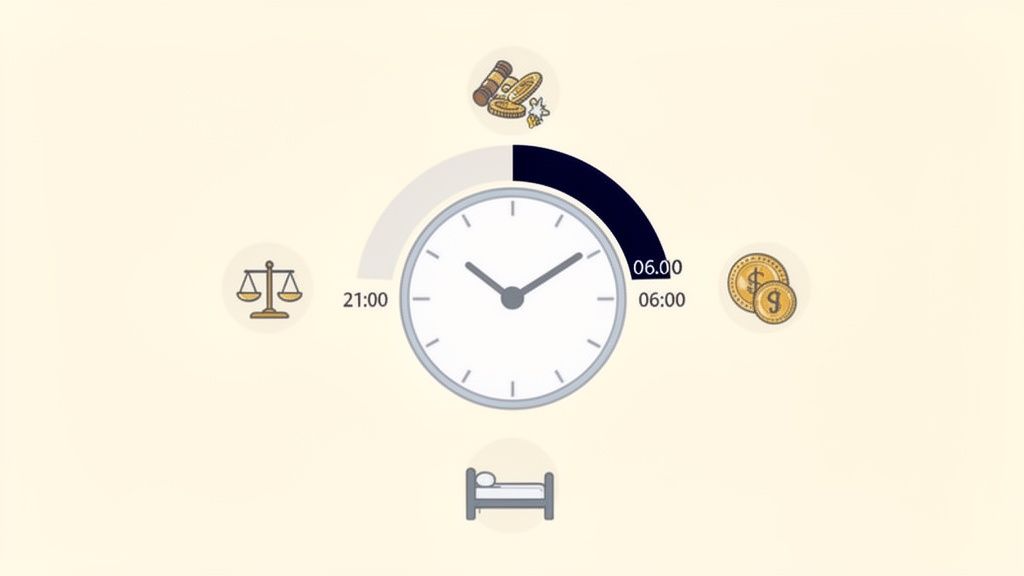 Une horloge affichant une plage horaire de 21h à 6h, avec des icônes représentant le travail, l'argent, le sommeil et l'équilibre.