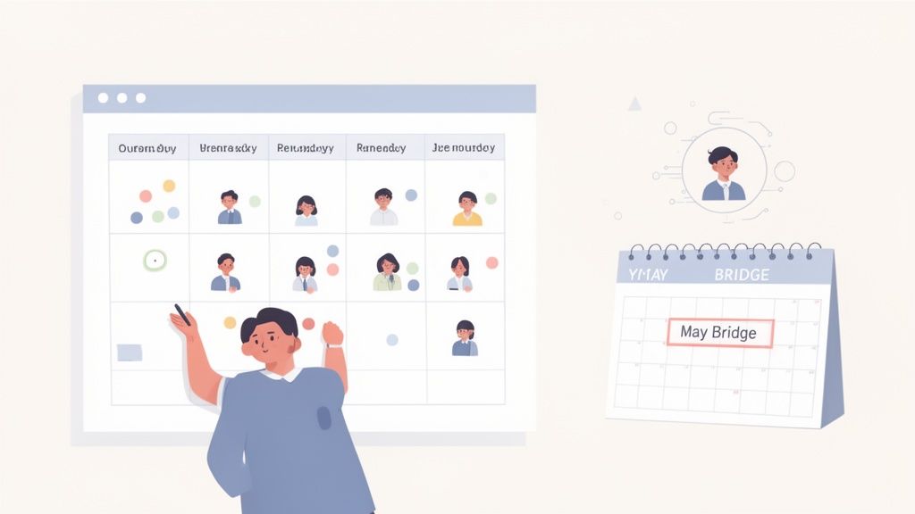 Un homme gère un calendrier numérique d'équipe avec des avatars, et un calendrier mural affiche 'May Bridge'.