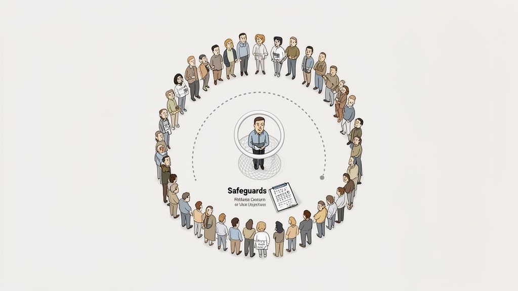 Un homme au centre, entouré de personnes, illustrant la protection et les objectifs de travail.