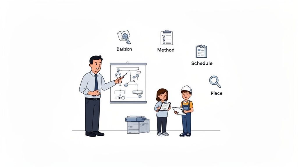 Un manager explique un processus à deux employés devant un tableau blanc, avec des icônes de planification.