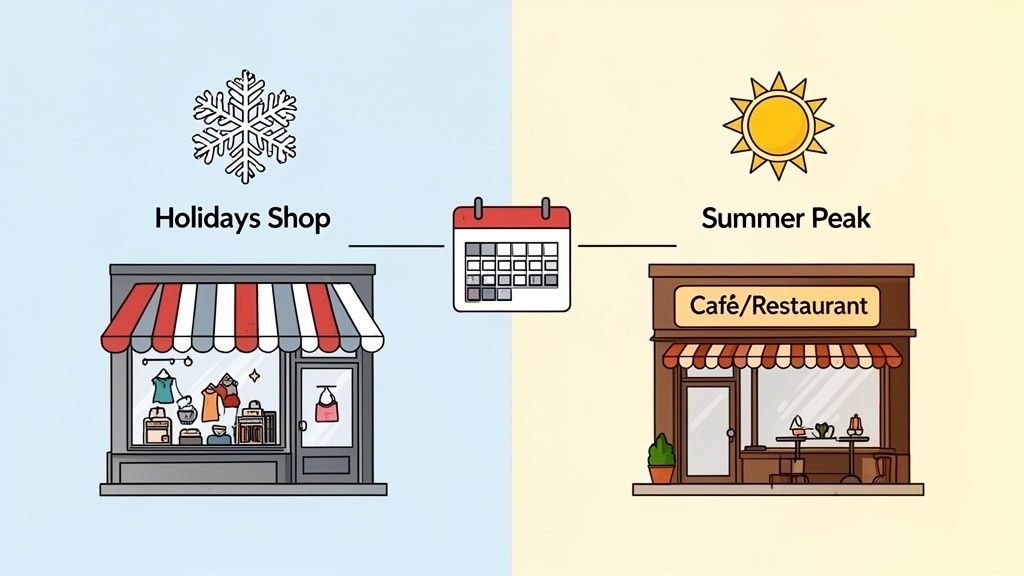 Image illustrant une boutique de vacances d'hiver et un café d'été, connectés par un calendrier, symbolisant les pics saisonniers des entreprises.