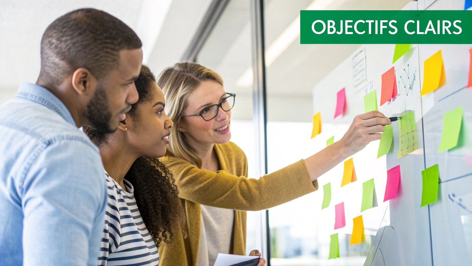 Professionnels discutant autour d'un planning mural