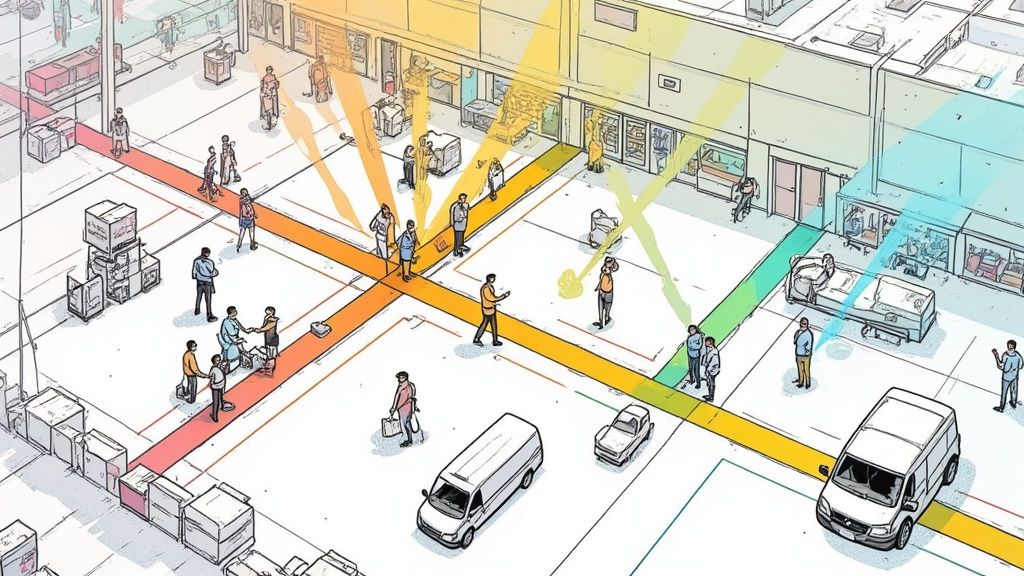 Un entrepôt de magasin bien organisé avec des rayonnages clairs et des produits étiquetés.