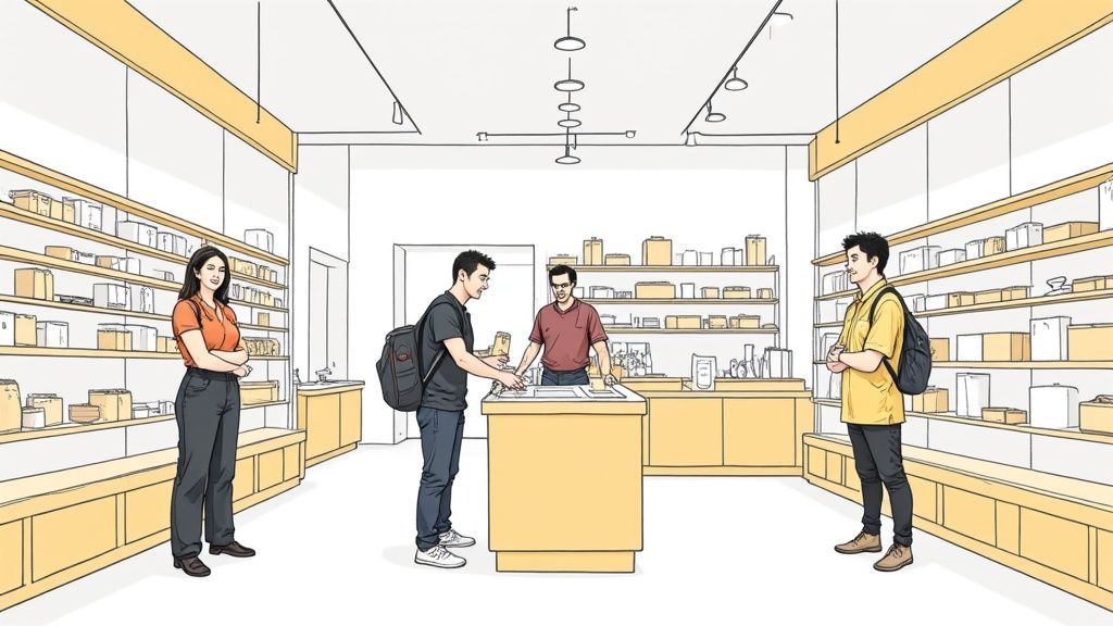 Une personne scannant des boîtes dans un entrepôt de magasin bien organisé