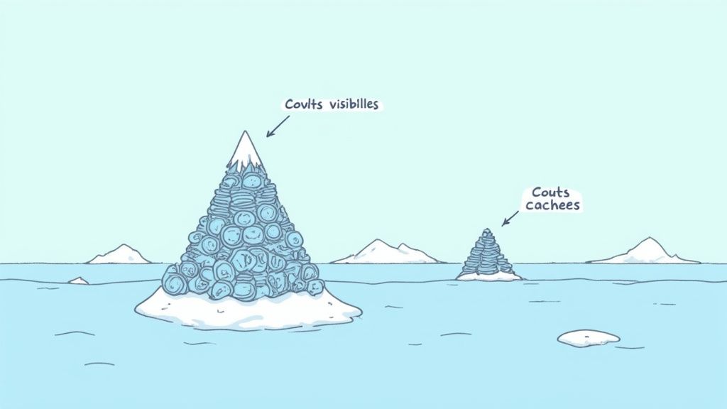 Deux icebergs dans l'eau symbolisent les coûts visibles et cachés d'une entreprise.