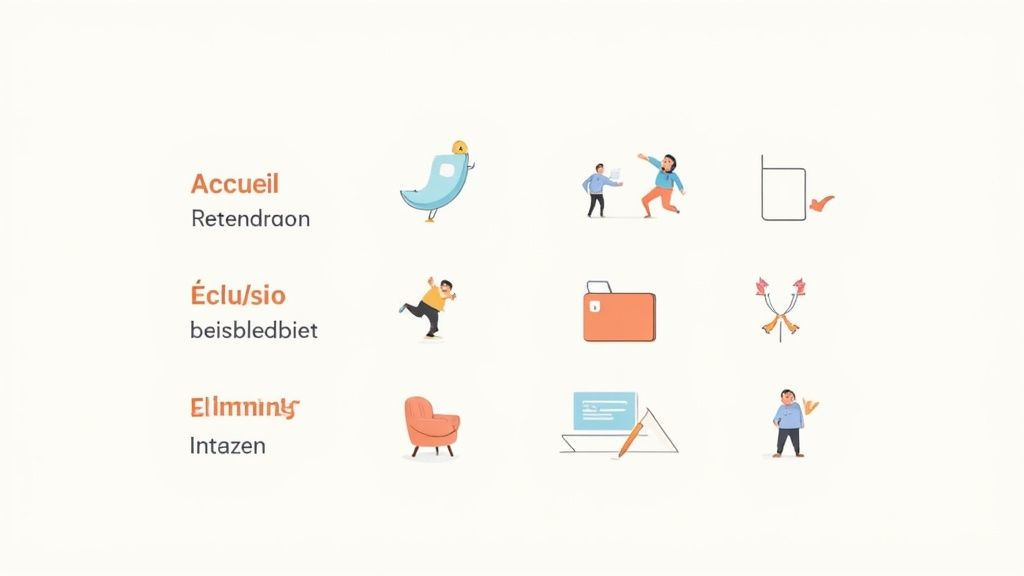 Image affichant trois concepts clés en français : Accueil, Éclu/sio, Ellmning, chacun accompagné d'illustrations diverses.