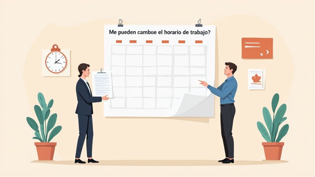 Dos personas discutiendo un cambio de horario de trabajo frente a un calendario grande.
