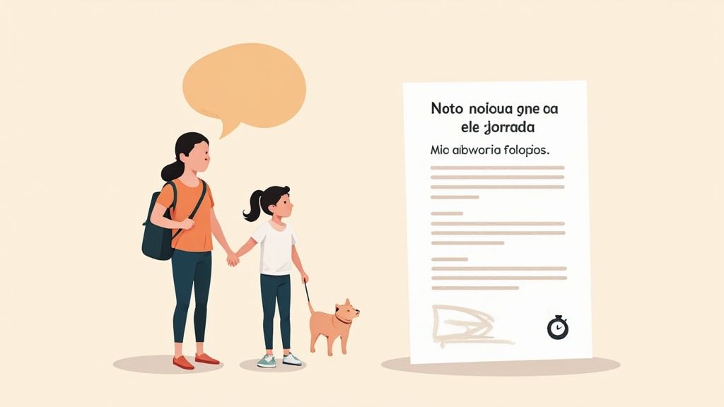 Mujer, niña y perro mirando un documento grande con texto y símbolos, con una burbuja de diálogo.