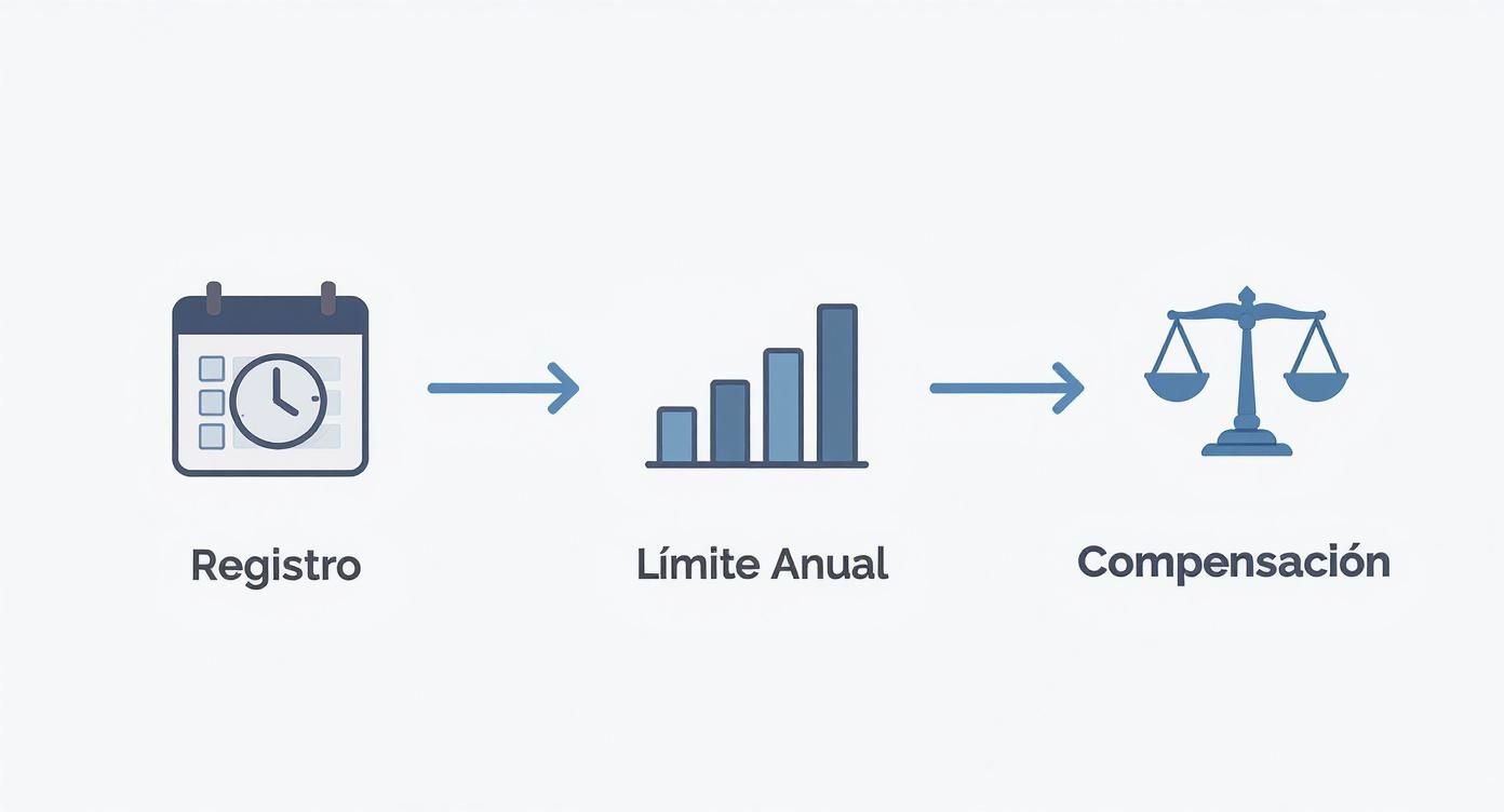 Infografía que muestra el proceso legal de gestión de horas extras, comenzando con el registro horario, seguido por el control del límite anual y finalizando con la compensación.