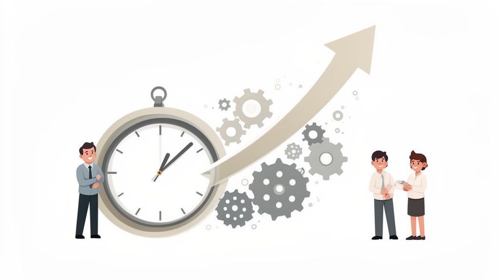 Illustration sur la gestion du temps et la productivité au travail, avec horloge, engrenages, flèche ascendante et professionnels.