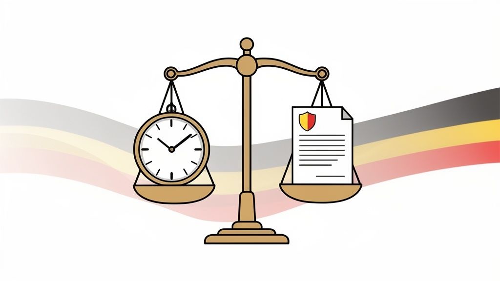 Balance de justice équilibrant le temps et un document officiel sur fond de drapeau allemand.