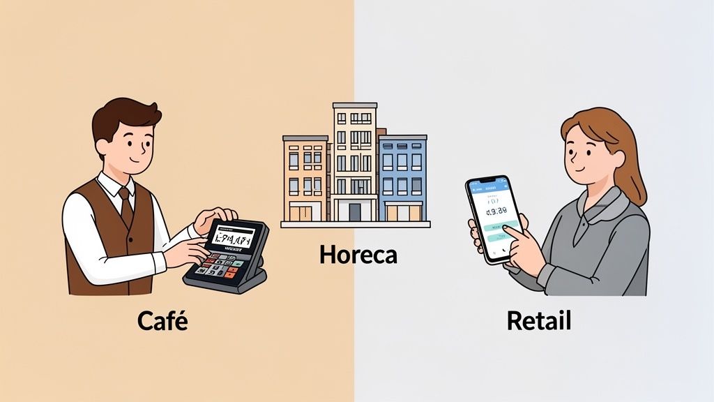 Pointage au travail illustré : un homme de café avec terminal et une femme de détail avec smartphone.