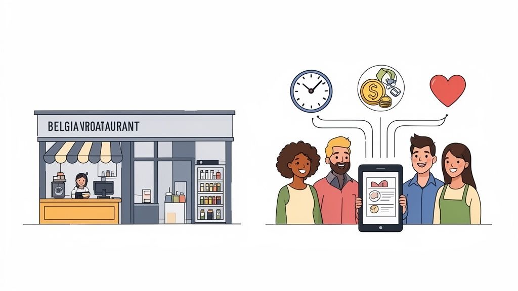 Façade de restaurant avec employée; des clients souriants utilisent une application mobile illustrant temps, argent et satisfaction.