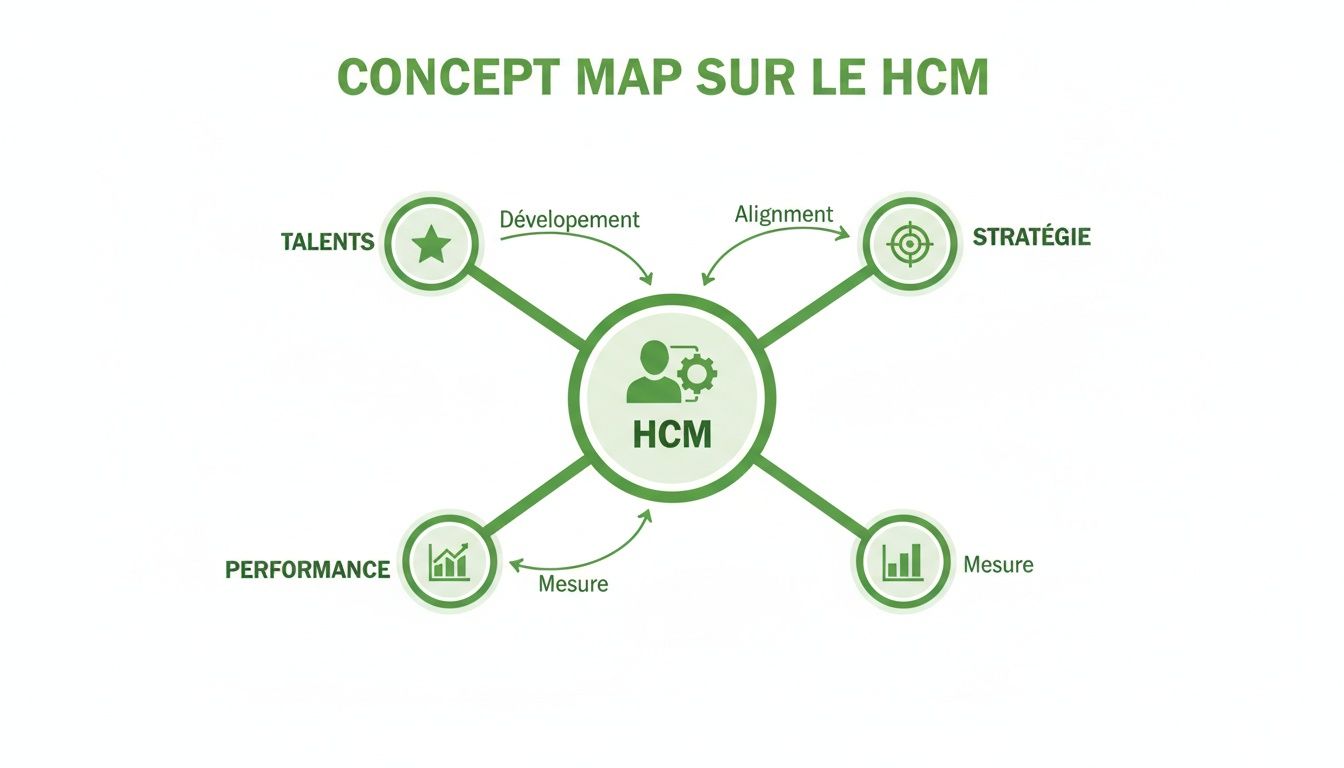 Carte conceptuelle du capital humain (HCM) reliant les talents (développement), la stratégie (alignement), la performance et la mesure.