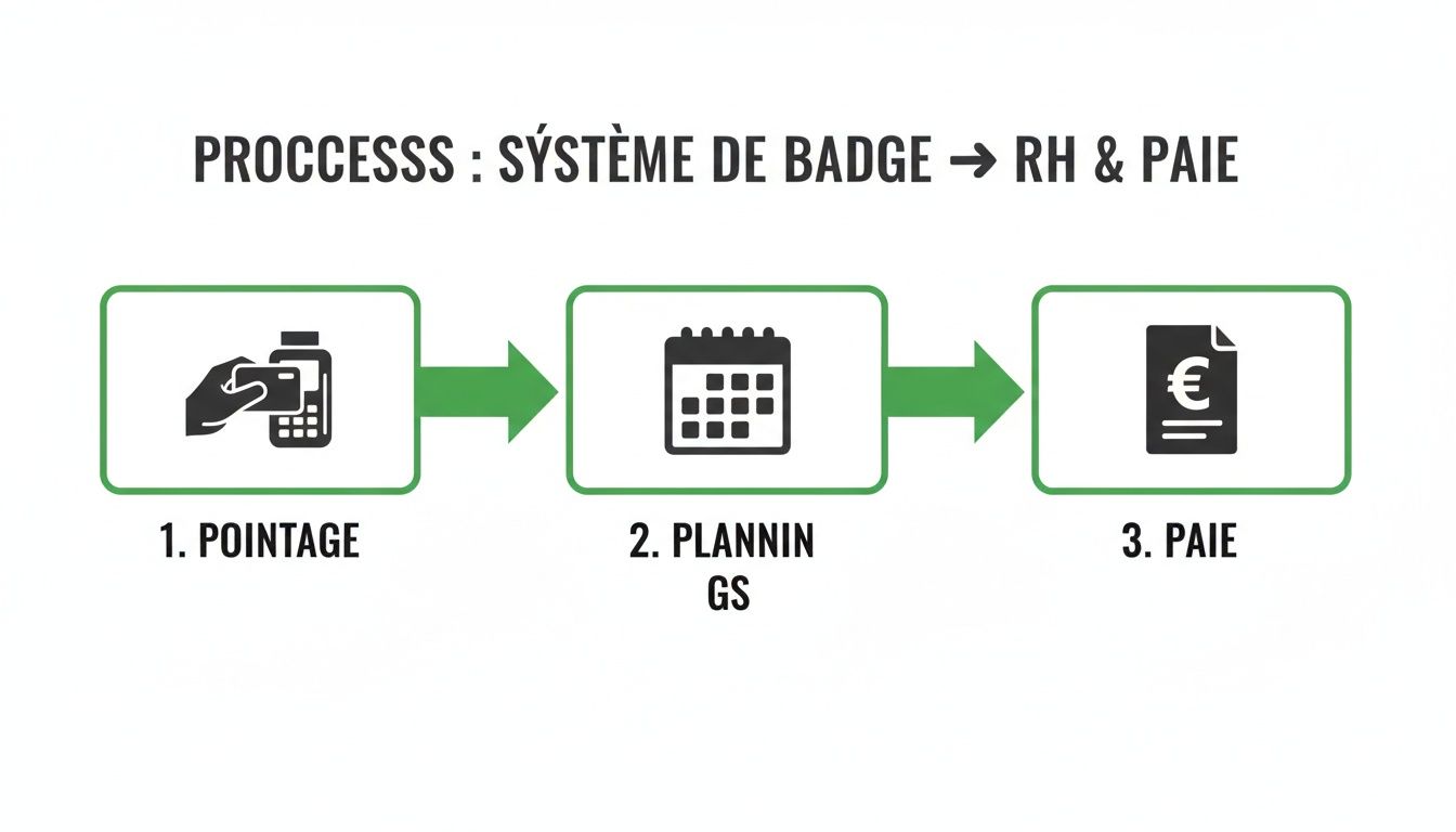 Illustration du processus de gestion des temps : pointage par badge, planification des horaires et calcul de la paie pour les RH.