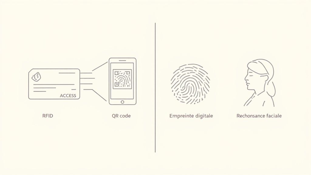 Illustration des méthodes d'accès : carte RFID, code QR sur smartphone, empreinte digitale et reconnaissance faciale.