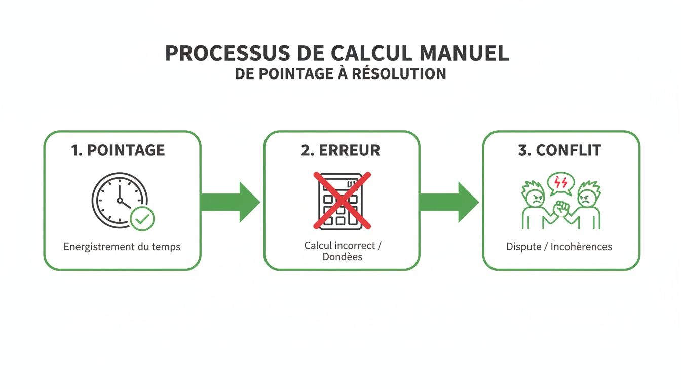 Diagramme montrant les étapes du calcul manuel du temps de travail, des erreurs aux conflits.