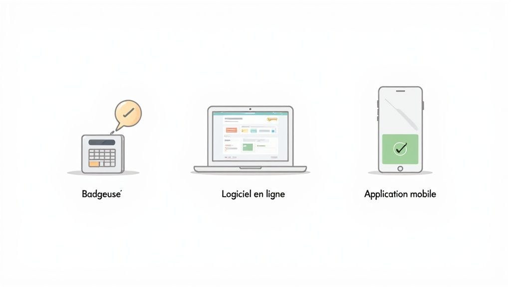 Trois méthodes de pointage des heures de travail : une badgeuse, un logiciel en ligne sur ordinateur portable et une application mobile.