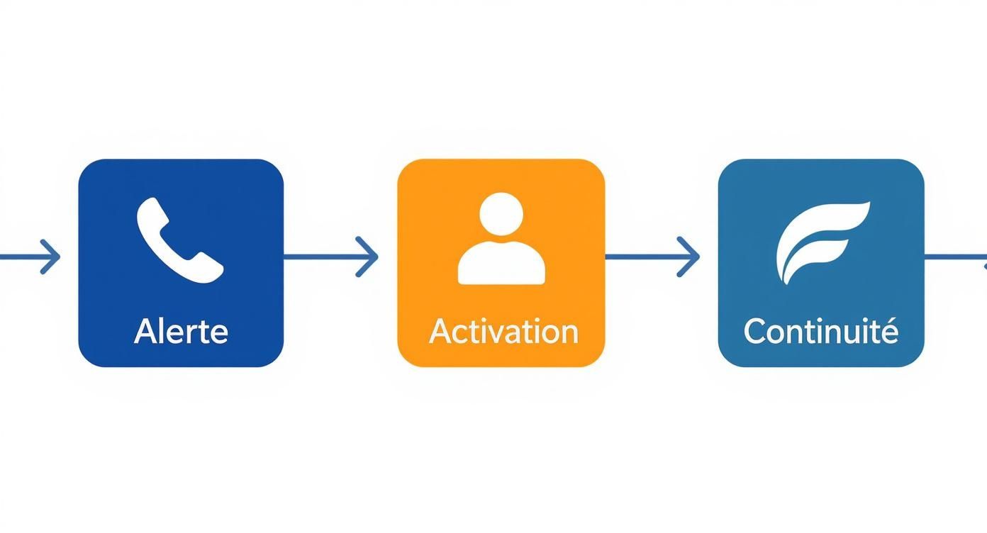 Schéma de processus en trois étapes : Alerte (icône téléphone), Activation (icône personne) et Continuité (icône F), reliées par des flèches.