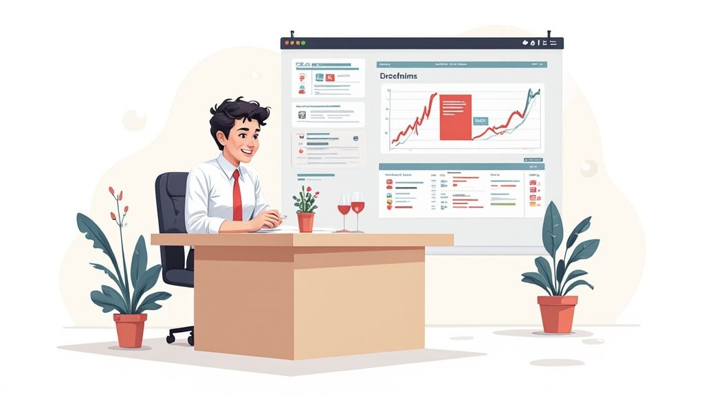 Un homme souriant en cravate rouge, assis à un bureau avec un grand écran de présentation affichant des graphiques.