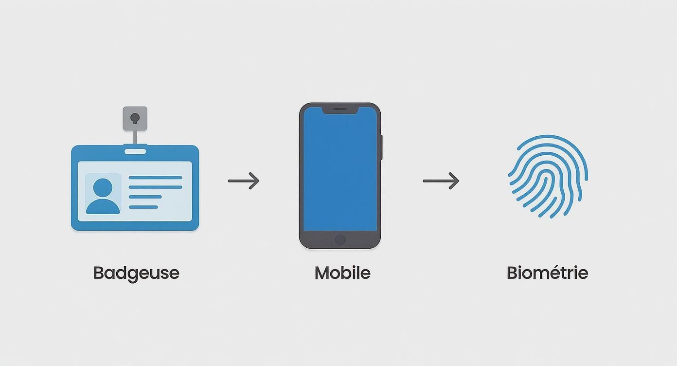 Schéma illustrant le processus de vérification biométrique via une badgeuse, un mobile et une empreinte digitale.