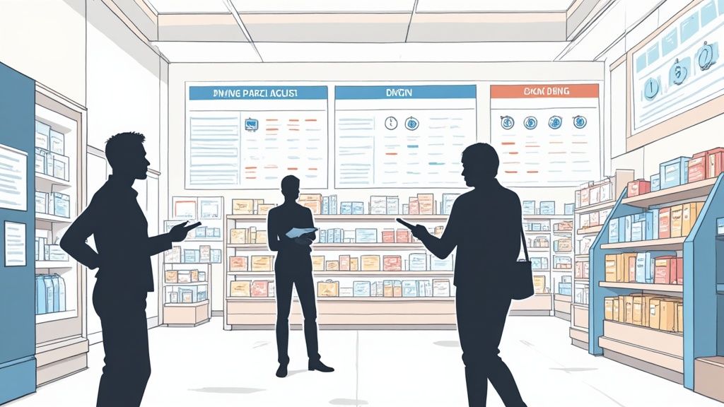 Silhouettes d'hommes dans un supermarché, regardant des présentoirs d'informations et des étagères de produits. Deux hommes utilisent des appareils mobiles.