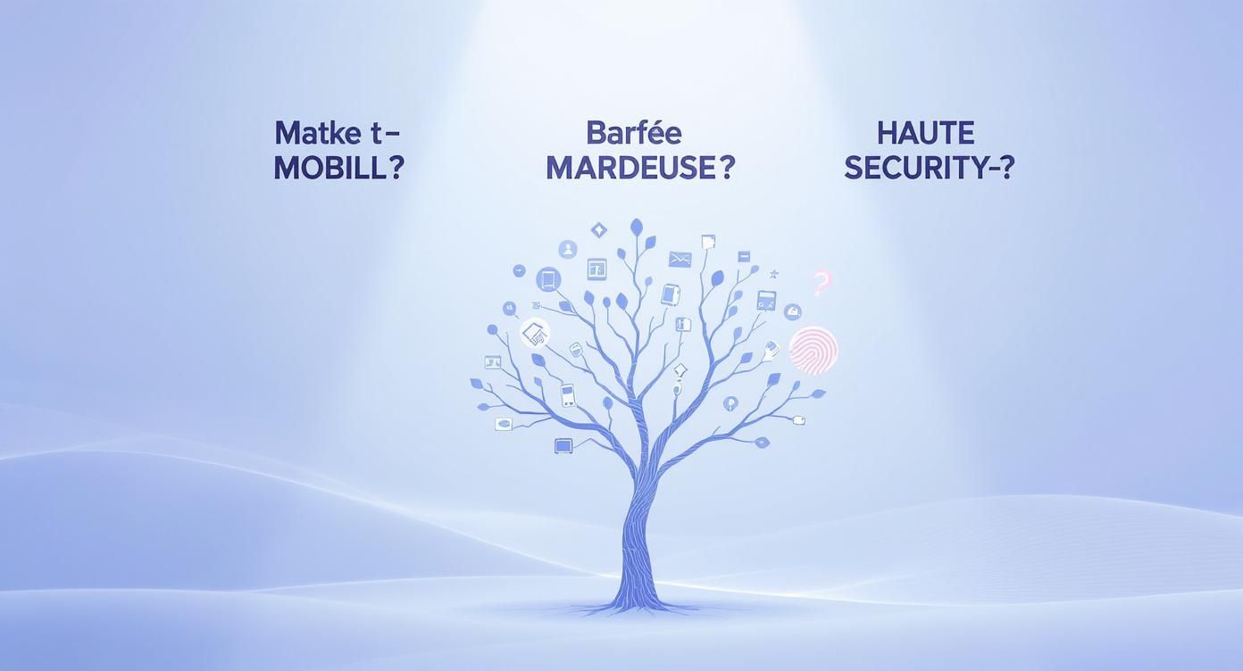 Arbre stylisé avec des icônes numériques, des questions sur la mobilité et la haute sécurité sur un fond bleu doux.