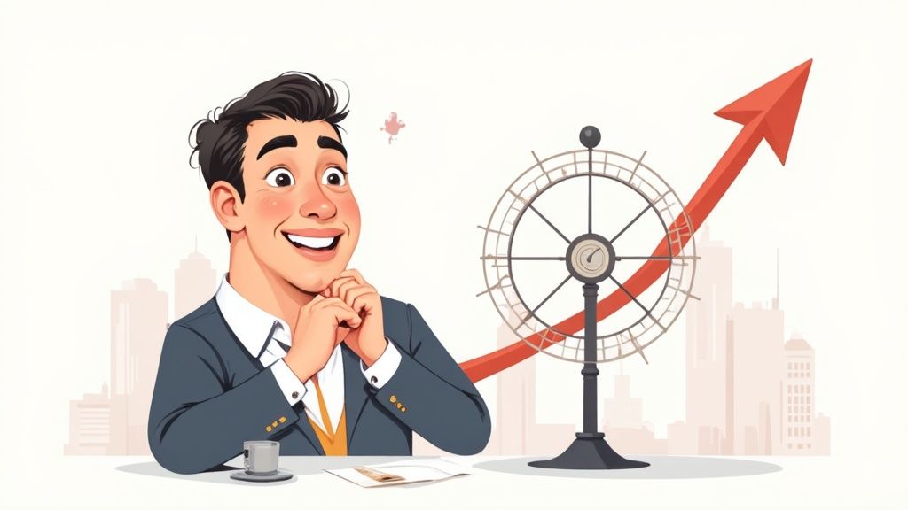 Un homme d'affaires souriant regarde un graphique financier ascendant, symbolisant la croissance et le succès d'une entreprise.