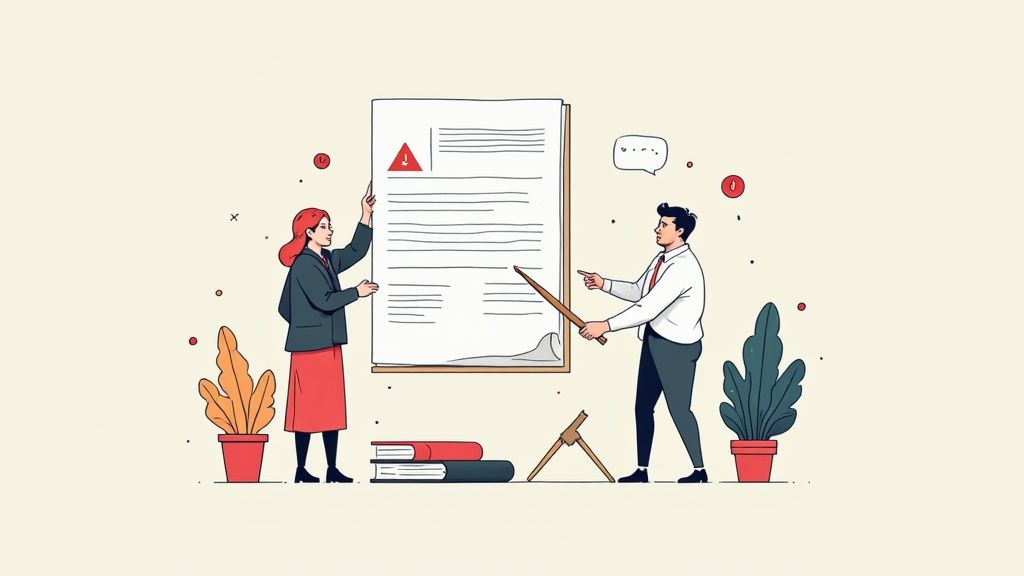 Deux professionnels discutent un document affiché au mur, avec une icône d'avertissement et des plantes.