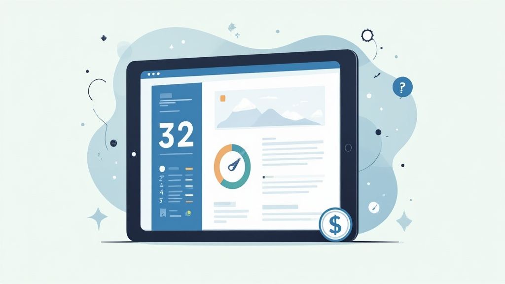 Tablette affichant un tableau de bord numérique avec des statistiques, un graphique circulaire et un paysage, sur un fond abstrait.