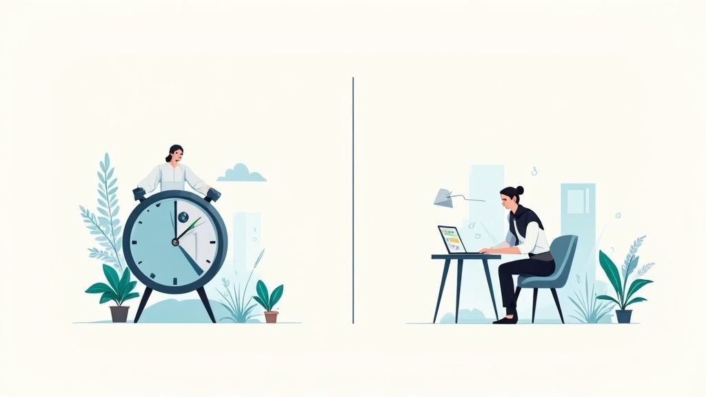 Illustration d'une femme gérant le temps avec une horloge et travaillant sur un ordinateur portable.