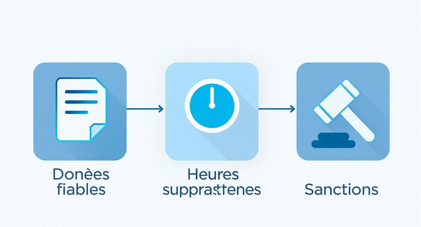 Un diagramme de flux illustrant le processus des données fiables aux heures supplémentaires et aux sanctions associées.