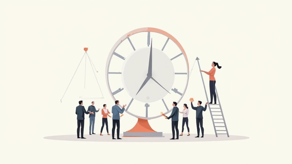 Illustration de professionnels travaillant ensemble pour gérer et optimiser le temps autour d'une horloge géante.